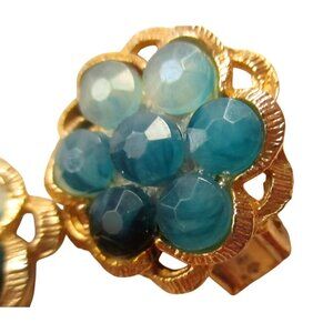Vintage Gold-Tone Floral Clip-On Earrings With Blue Faceted gems Rhinestone